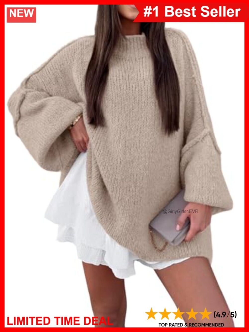 Oversized Mock Neck Batwing Long Sleeve Chunky Knit Sweater Pullover